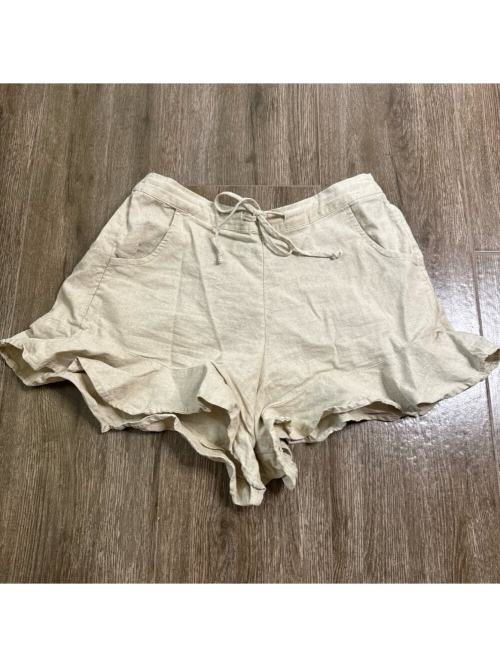 DownEast Linen Blend Drawstring Ruffle Hem Shorts Size S